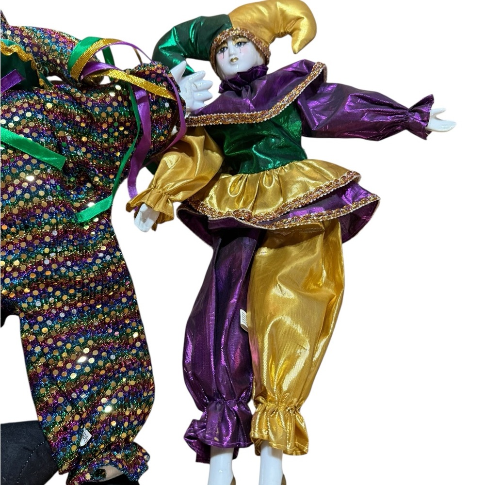 Vintage Mardi Gras Porcelain Jester Dolls Set Purple Green Gold Harlequin Clowns - Picture 5 of 6